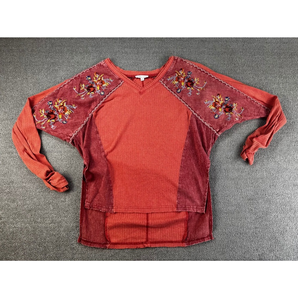Oli & Hali Top Womens Small Coral Floral Embroidered Ribbed Thermal Boho Hippie